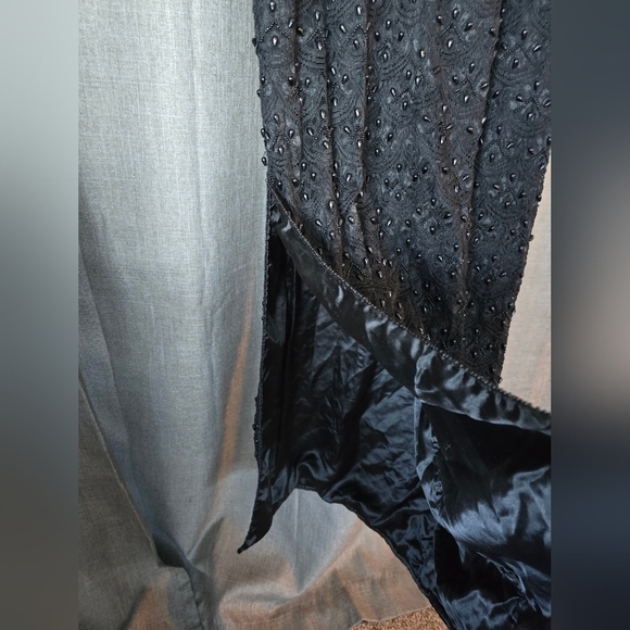 '90s Black Floral Lace Sequin Fully Beaded Pencil Maxi Evening Dress Sz Large - Picture 4 of 6